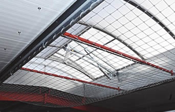 Stainless steel cable mesh ceiling with square pattern for protecting people below and ensure excellent lighting.