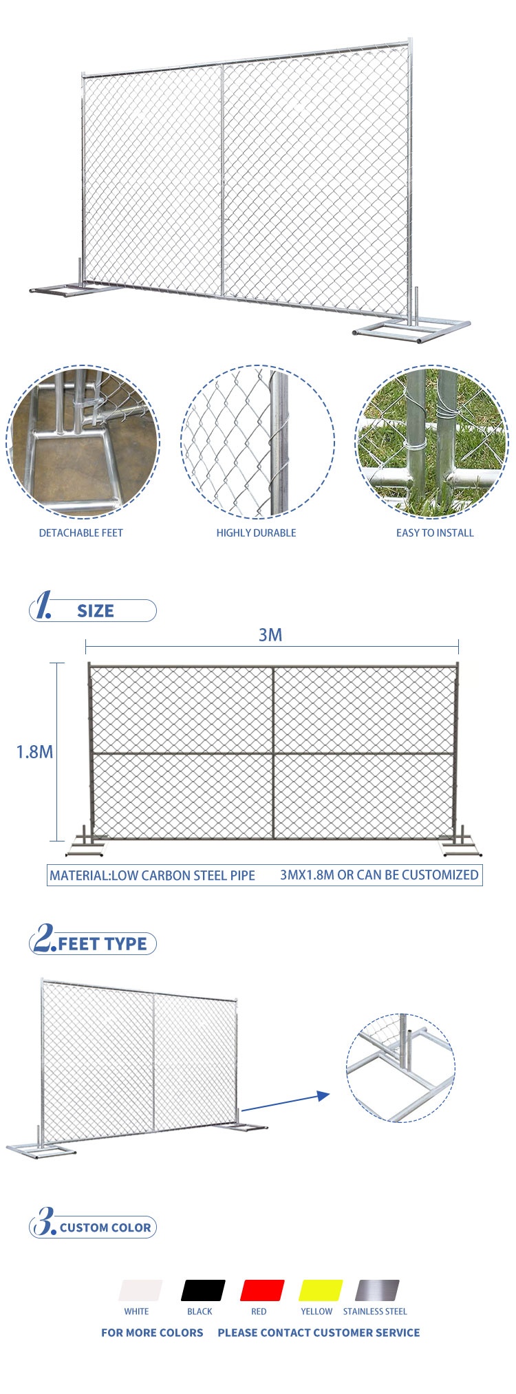 72" tall x 144" width /6'x12' temporary chain link fence 1.625' tube wall thick 1.2 1.6mm and 1.8mm etc 1